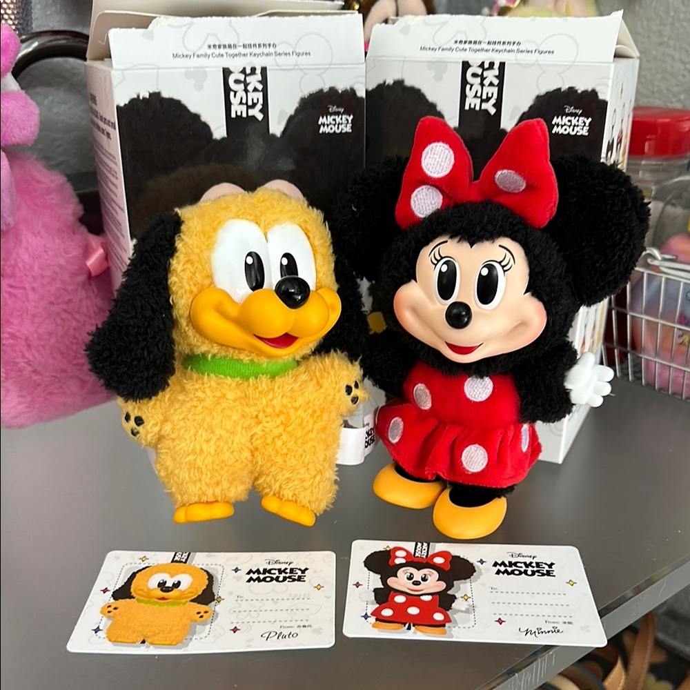 Popmart Mickey Family Cute Together Plush Keychains Minnie & Pluto Set